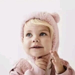 Zara Cozy Chic Toddler Girls Cotton Lined Warm Baby Pink Fluffy Bear Ears Hat